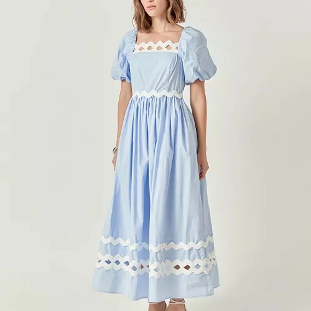 English Factory Scallop-Trim Cotton Midi Dress Sz L Blue Ecru Trim Nwt